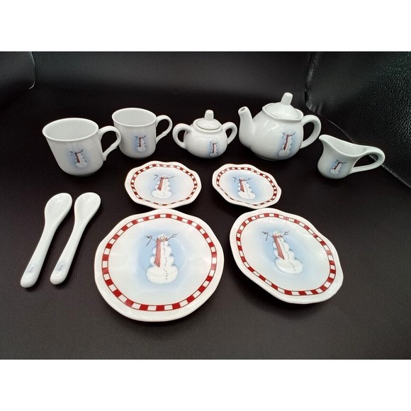 Miniature Snowman Porcelain Tea Party Set 13 Pieces Wicker Picnic Basket Vintage - Picture 1 of 12